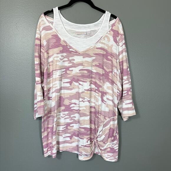 Belle by Kim Gravel Tops - Belle Kim Gravel Pink Camo Relaxed 3/4 Length Sleeve Top - 2X - Womens Plus Size